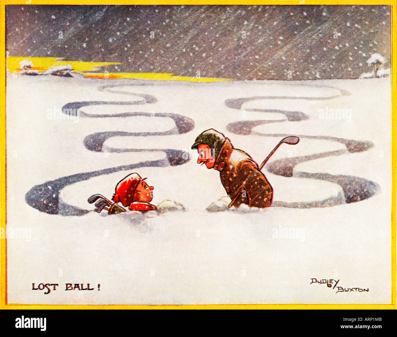 Balle perdue 1907 cartoon sur les dangers de jouer au golf dans la neige  d'hiver Photo Stock - Alamy