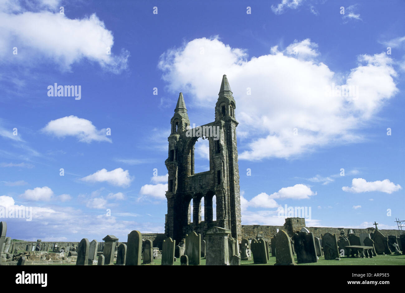 Ruines du pignon est de la cathédrale de St. Andrews et pierres tombales sous ciel bleu avec des nuages blancs moelleux. St. Andrews, Fife, Écosse, Royaume-Uni. Banque D'Images