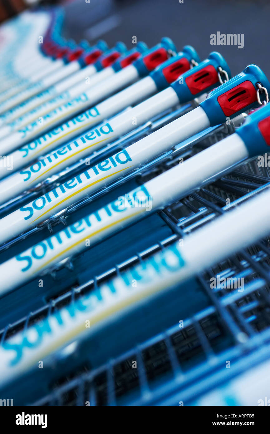 Longue ligne de chariots de supermarché Banque D'Images