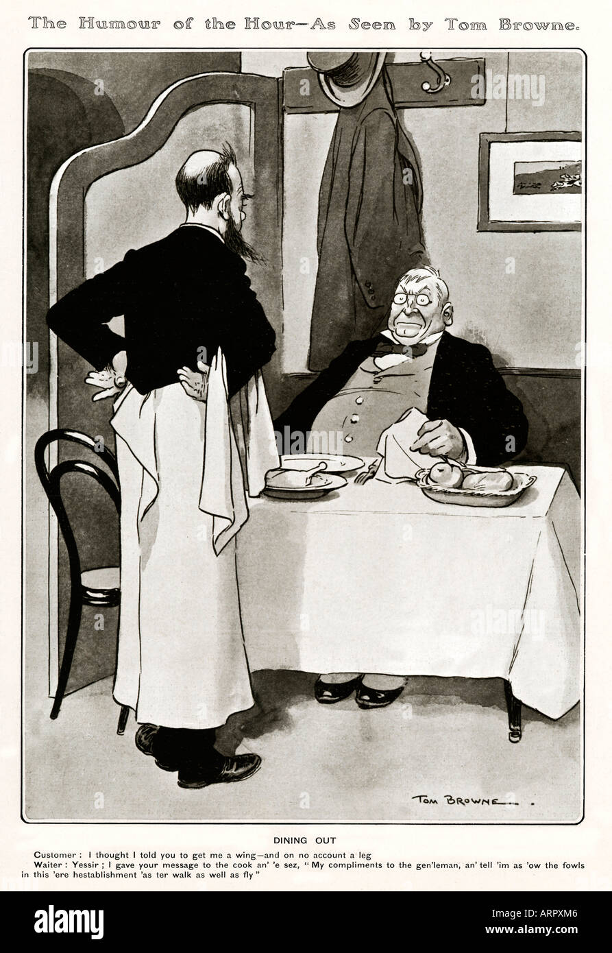 Edwardian cartoon sur manger dehors les instructions par le diner sur sa partie nécessaire du poulet ont été ignorés Banque D'Images