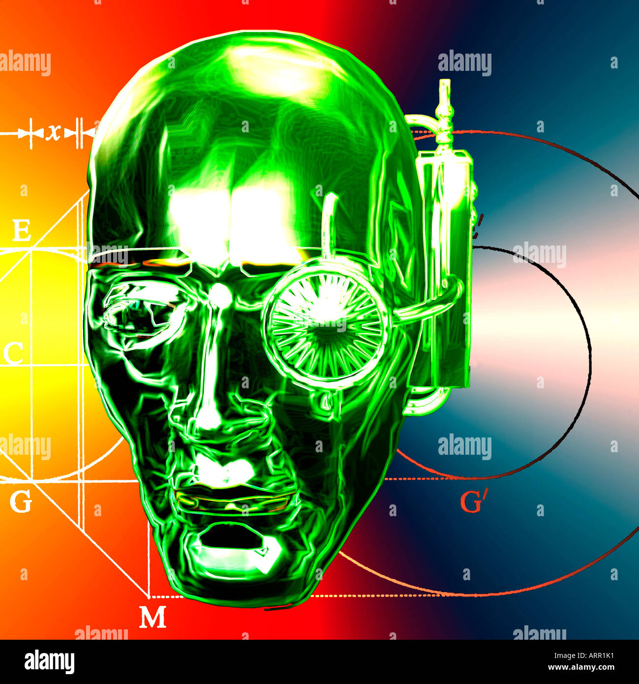 Robot 3D lunettes bioniques le port d'un visage avec les symboles  mathématiques projetée à l'arrière-plan Photo Stock - Alamy