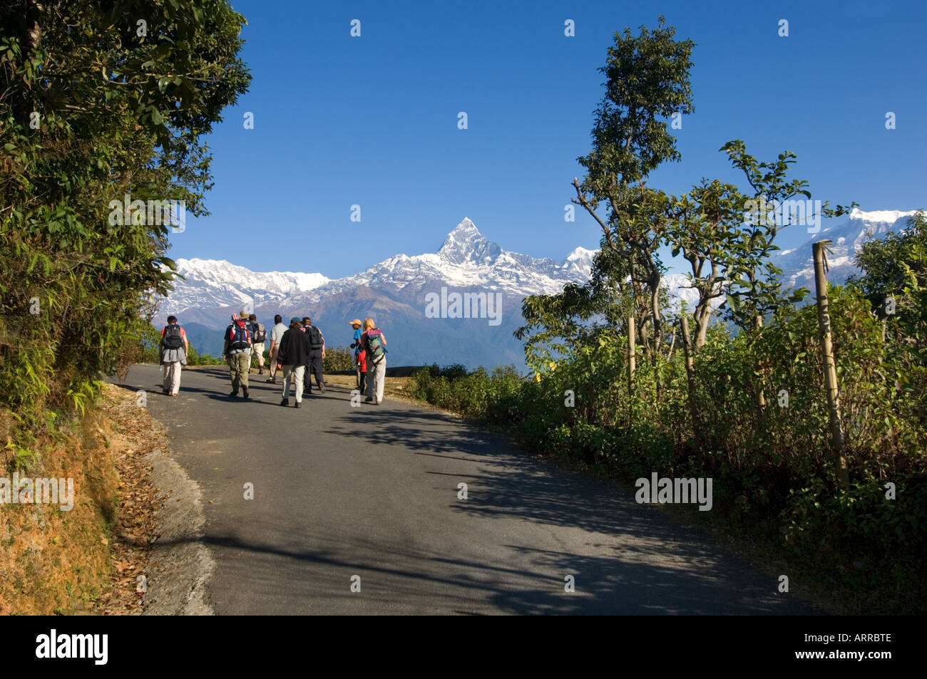Les touristes étant enseignées sur trekking paysage nature par guide népalais Pokhara Népal Himalaya Machhapuchare outlook sarangkot Banque D'Images