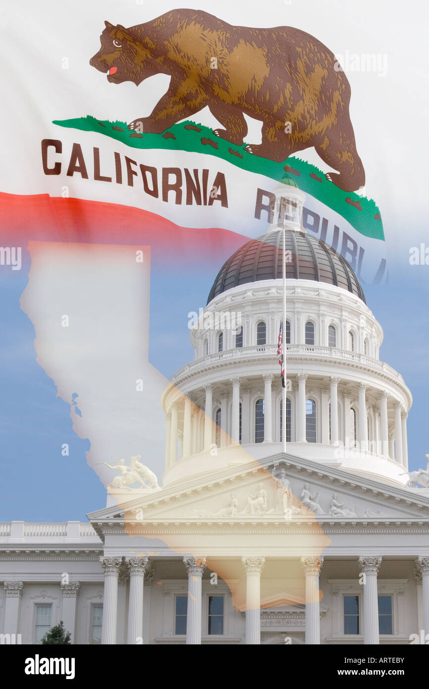 Montage de la Californie avec State Capitol building dome à Sacramento, drapeau d'Etat, et la carte avec la forme de l'Etat. Banque D'Images