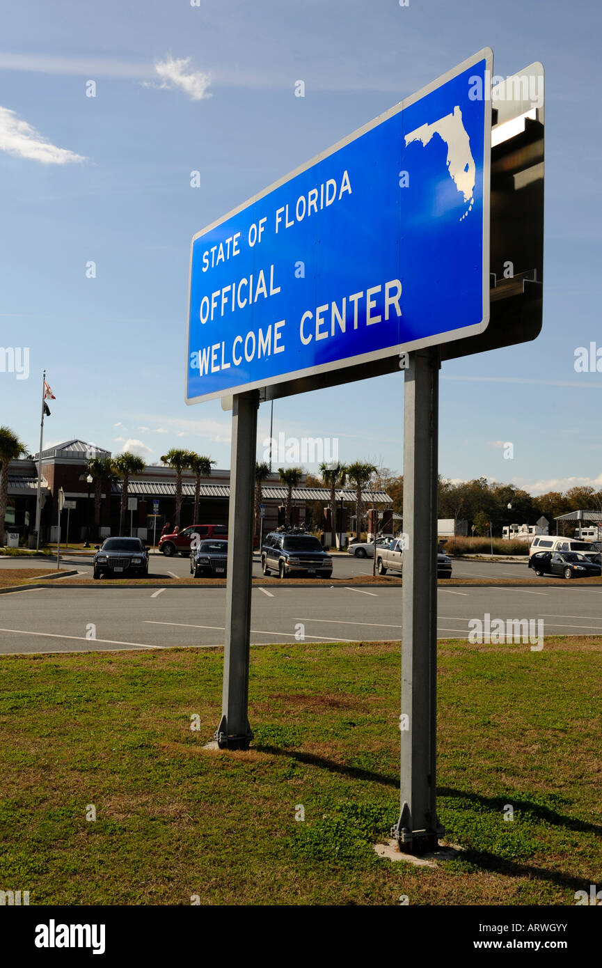 État de la Floride signe de bienvenue au centre d'accueil sur l'Interstate 75 à la frontière de la Géorgie Banque D'Images