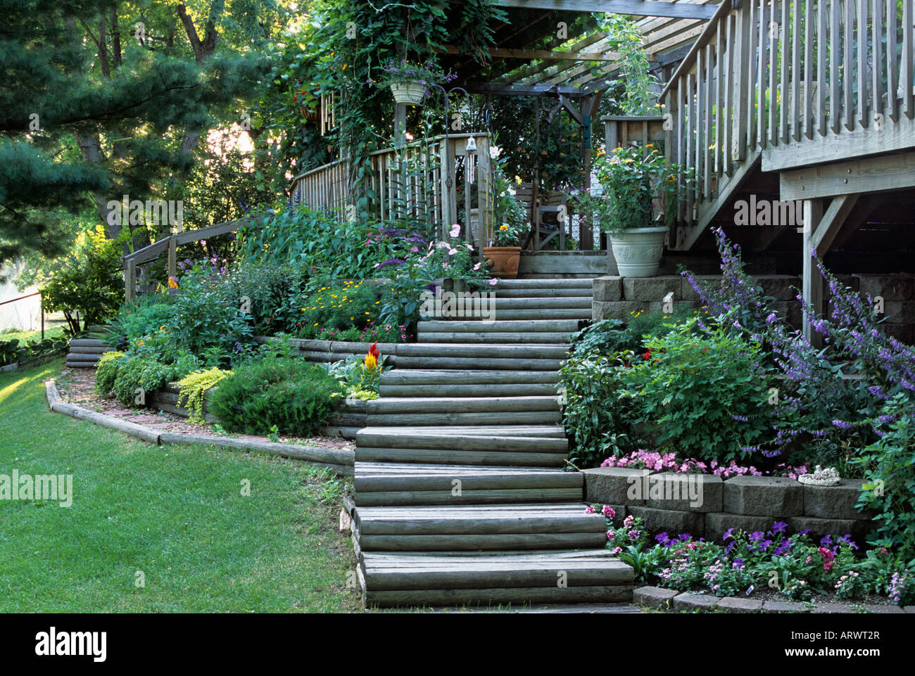 Escalier en bois à travers des jardins en terrasses DE PLOMB À PONT ARRIÈRE-COUR DE MIDWESTERN ACCUEIL. L'été. Banque D'Images