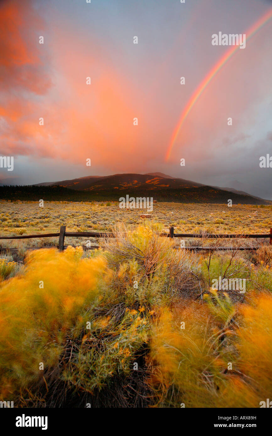 Rainbow au lever du soleil, San Isabel National Forest, Colorado Banque D'Images