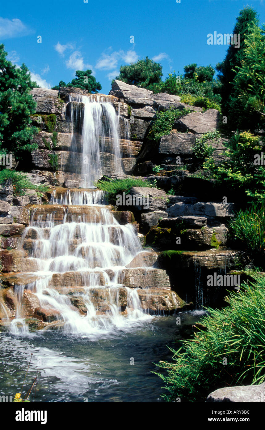 Cascade dans le jardin alpin Jardin botanique de Montréal Banque D'Images