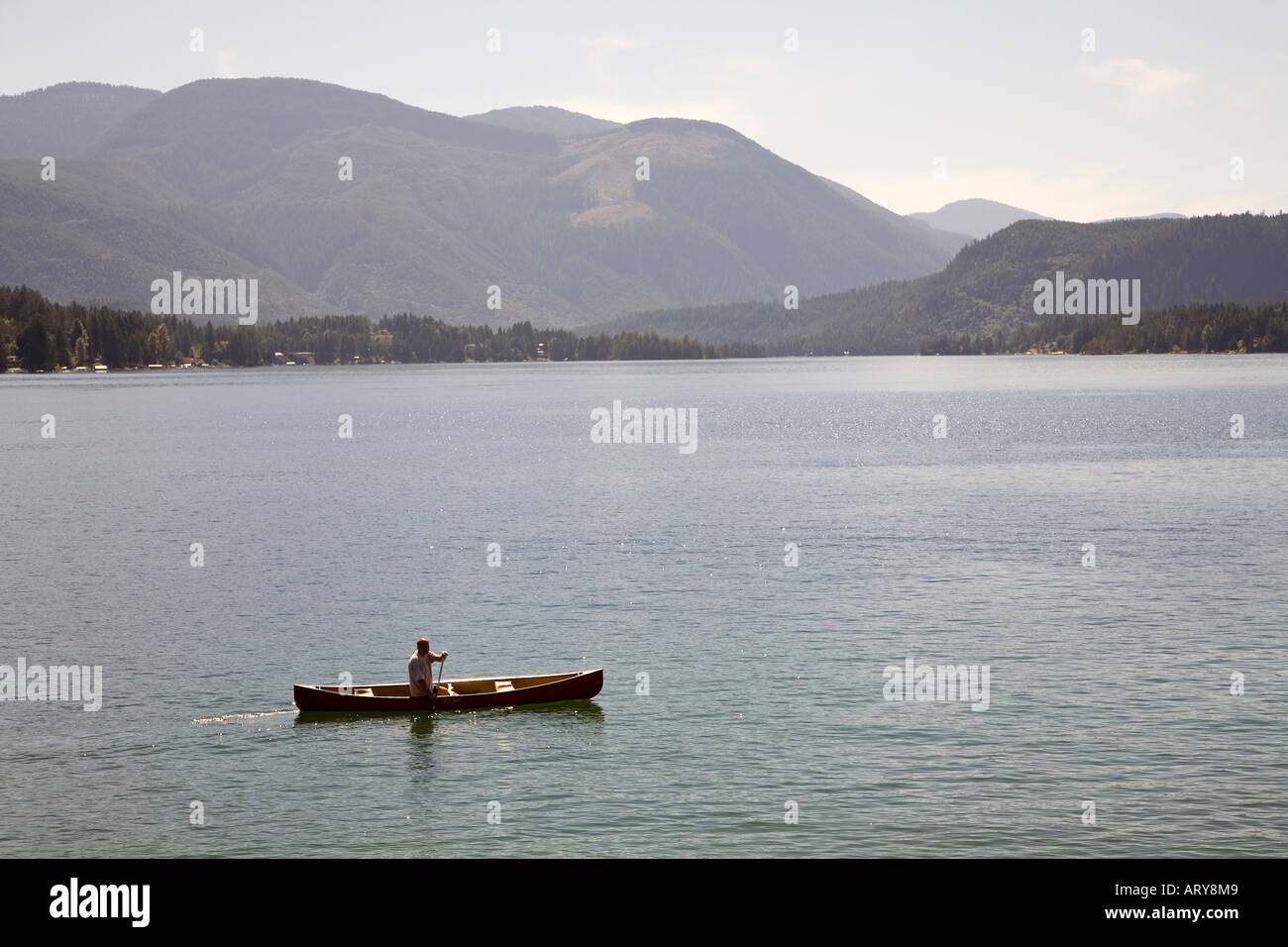 Homme canoë au lac Sproat et l'île de Vancouver, Canada Banque D'Images