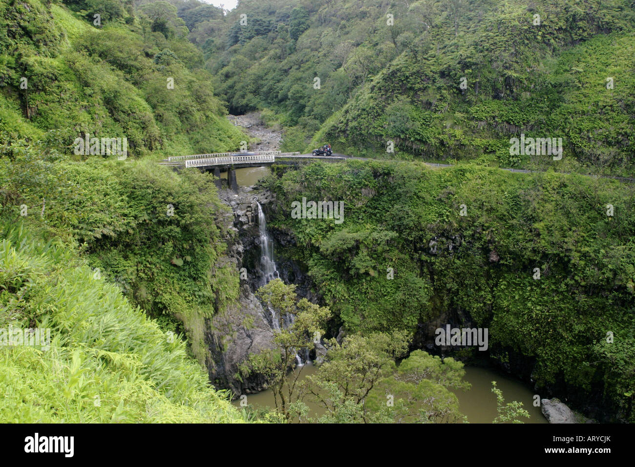 Des virages en épingle, des cascades, et des paysages à couper le souffle sont tous sur la route de Hana, Maui. Banque D'Images