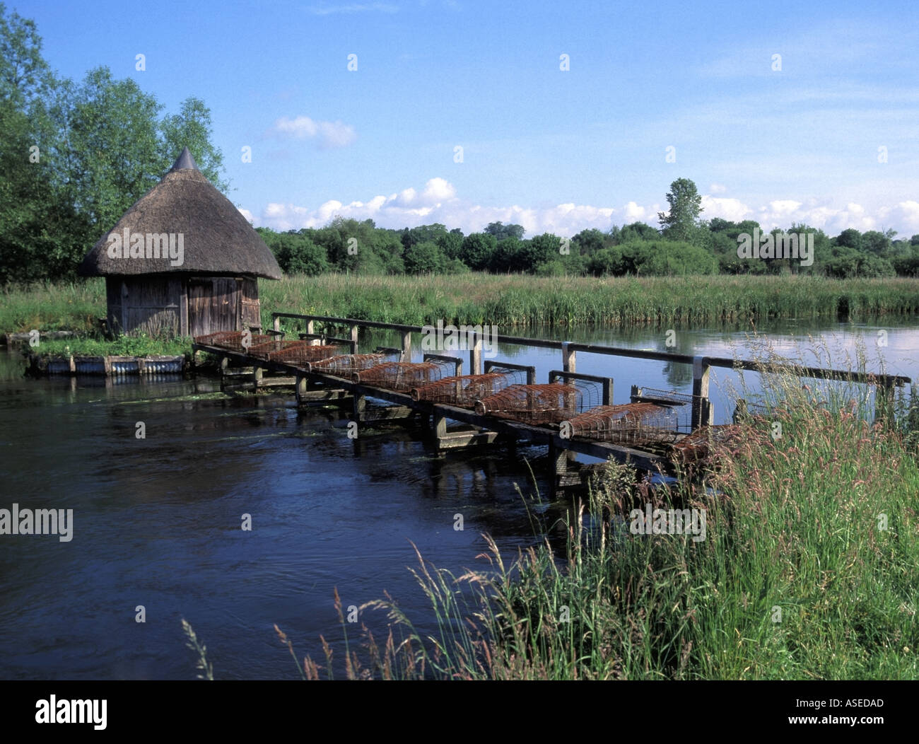 Longstock la rivière vallée couverte de chaume d'essai à côté de l'abri des pièges à anguilles fishermens Banque D'Images