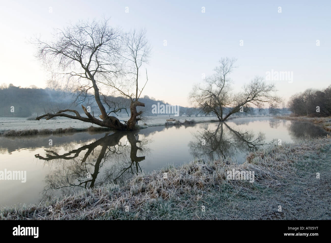 L'aube d'hiver sur la rivière Wey - Surrey UK Banque D'Images