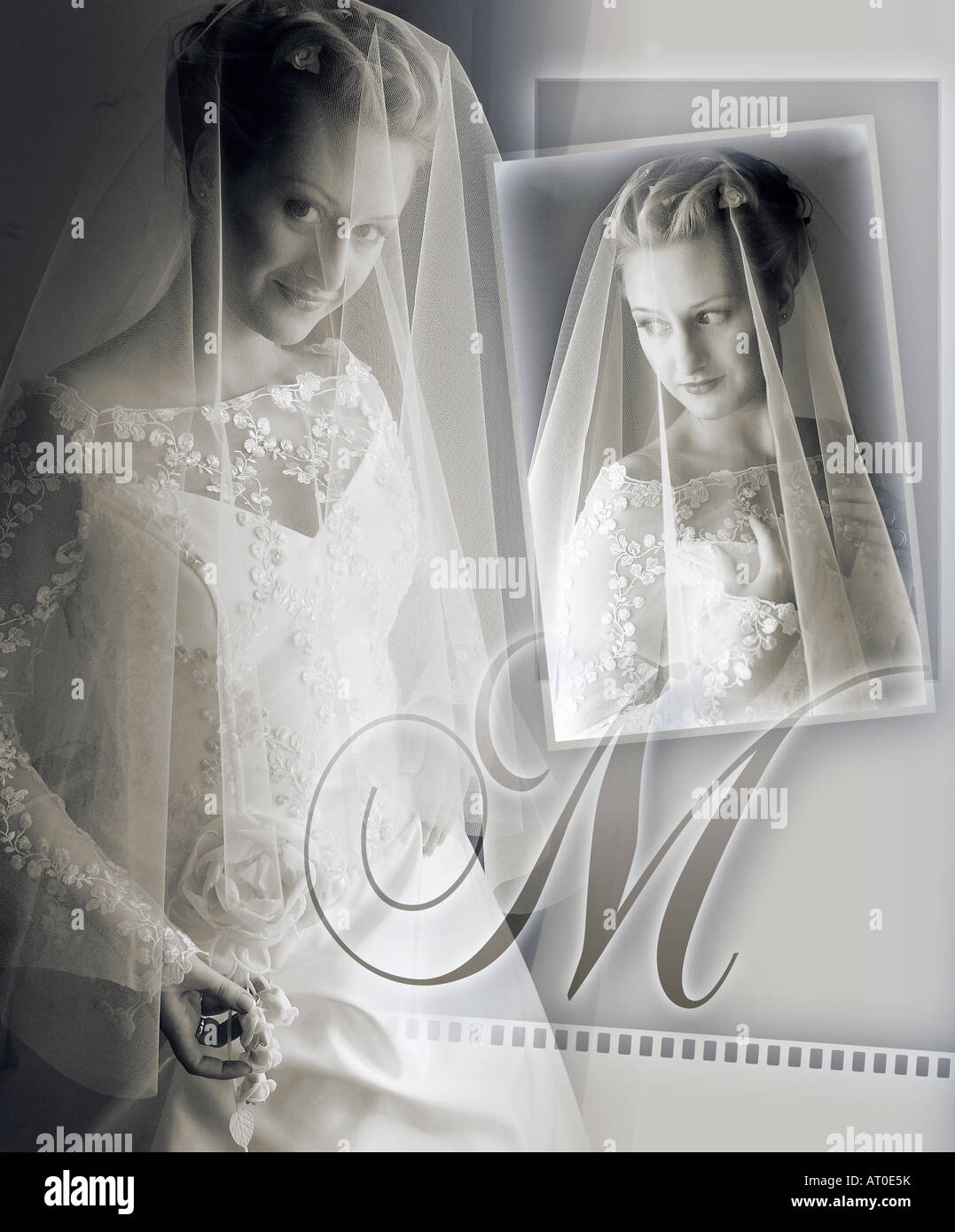 Belle jeune mariée adultes montage en noir et blanc. Banque D'Images