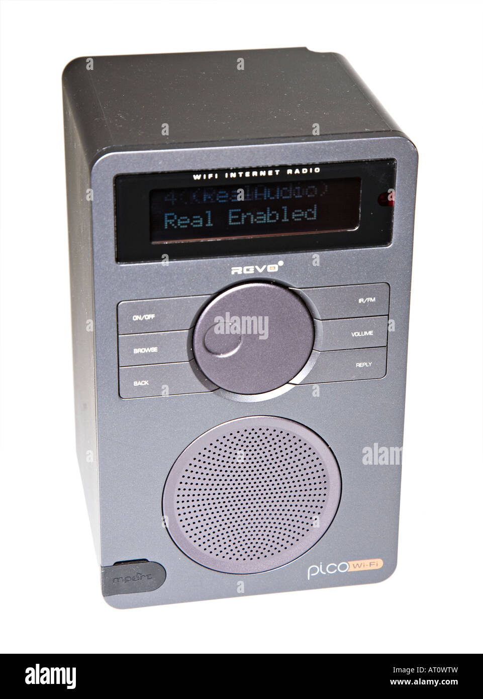 Revo Pico WIFI internet radio avec écran LCD montrant du vrai permis écrit Banque D'Images