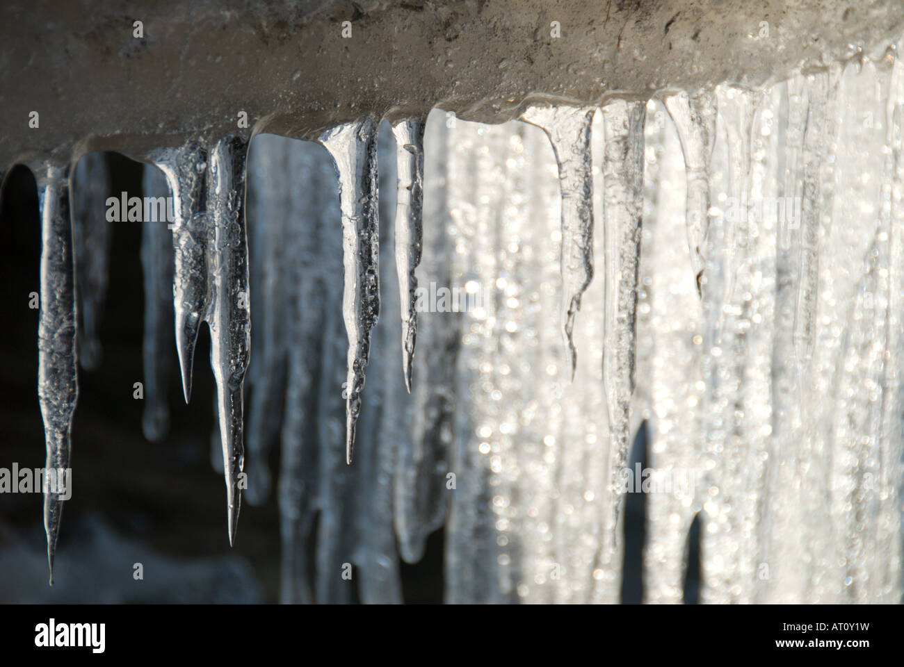 Formations de glace au soleil sur les rives d'un cours d'eau de l'Ontario à la mi-hiver. Banque D'Images