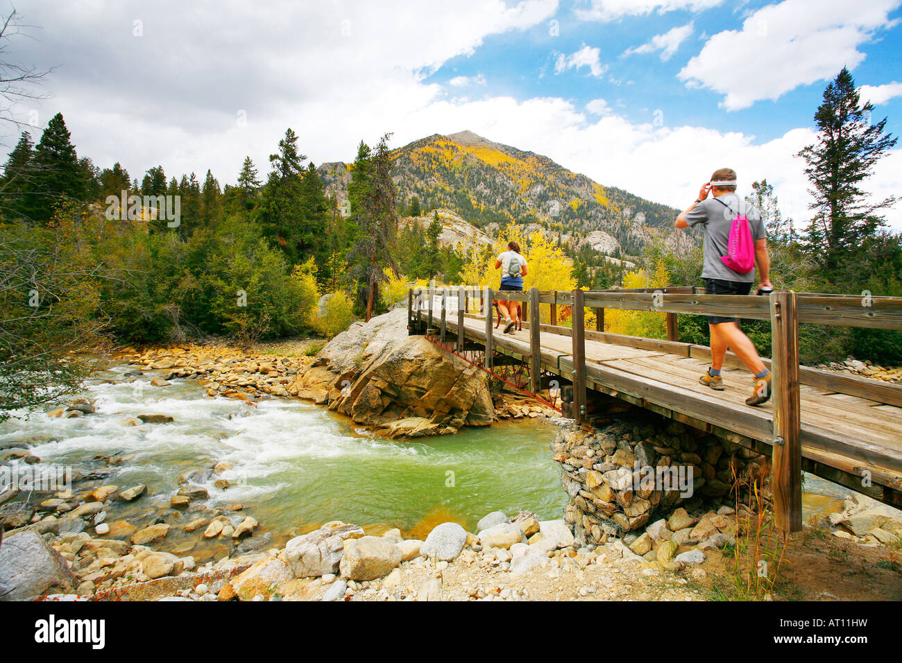 Les randonneurs sur le pont, la rivière Roaring Fork, San Isabel National Forest, Colorado Banque D'Images
