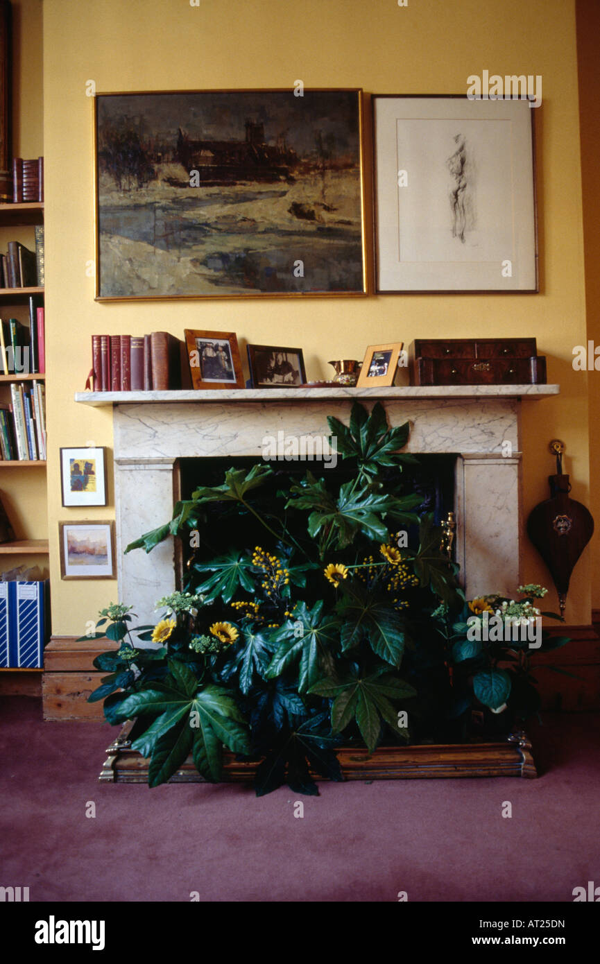 Plantes d'intérieur en pot et fleur arrangement dans la cheminée de marbre ci-dessous peintures sur mur de salle de séjour jaune années 80 Banque D'Images