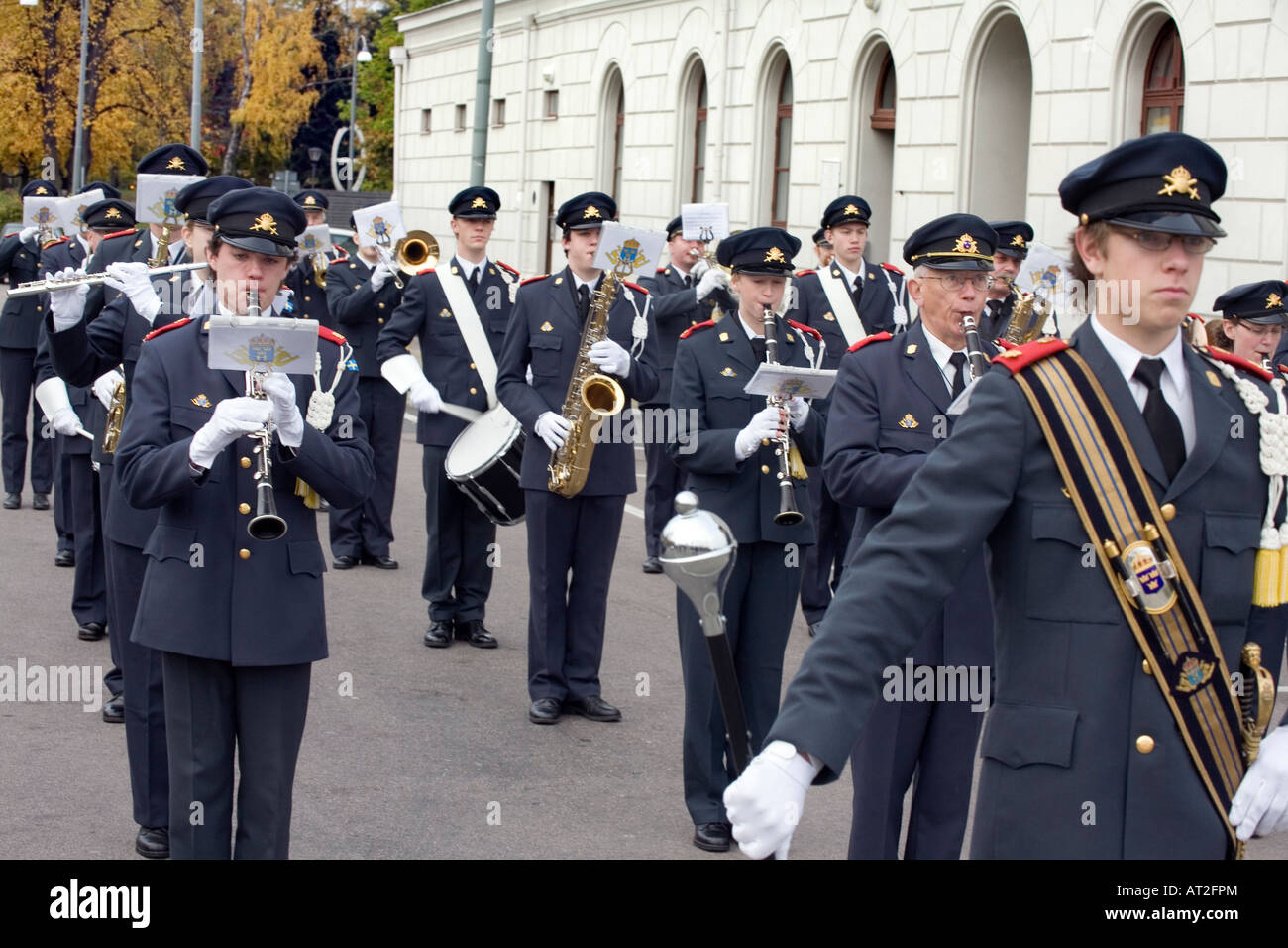 Street Parade bande militaire suédoise de Göteborg. L'unité d'accueil de Boras ville de l'ouest de la Suède Banque D'Images