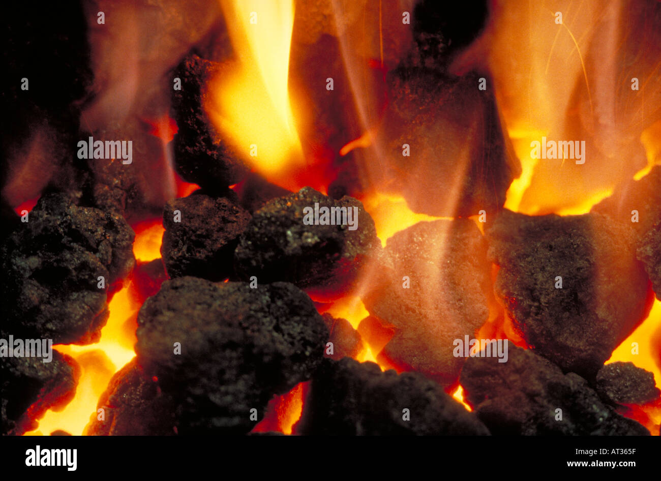 Close up detail de la combustion du charbon dans un environnement domestique ou industriel Banque D'Images