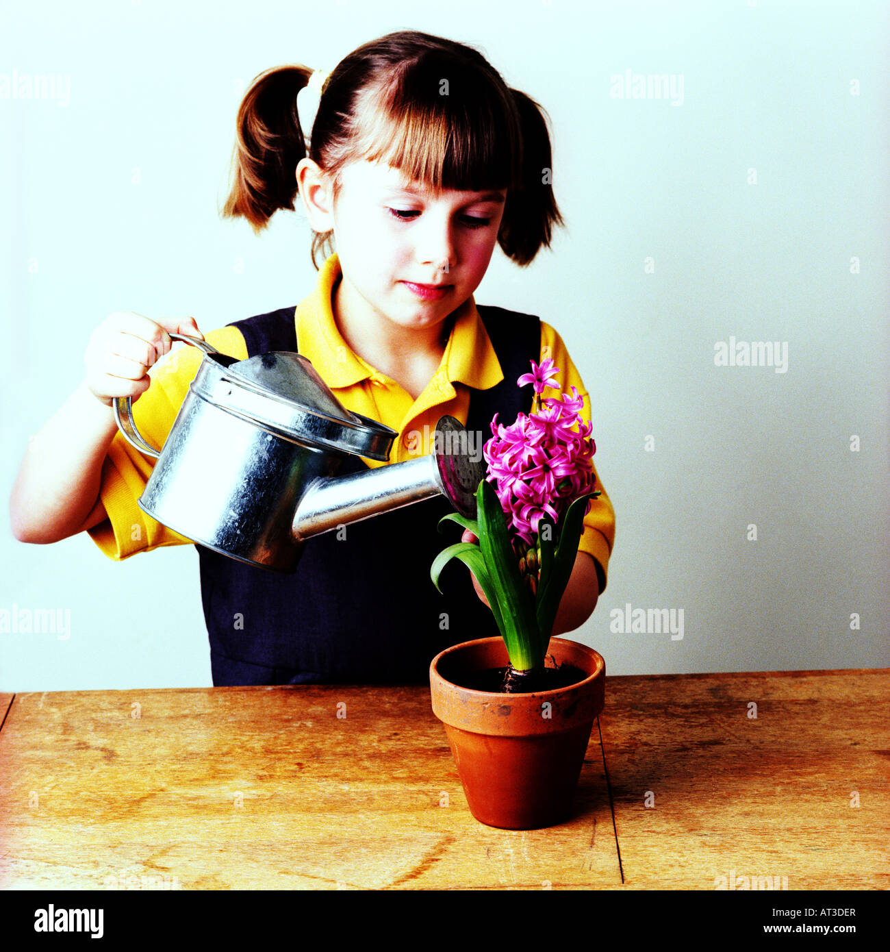 Une petite fille d'arroser une plante Banque D'Images