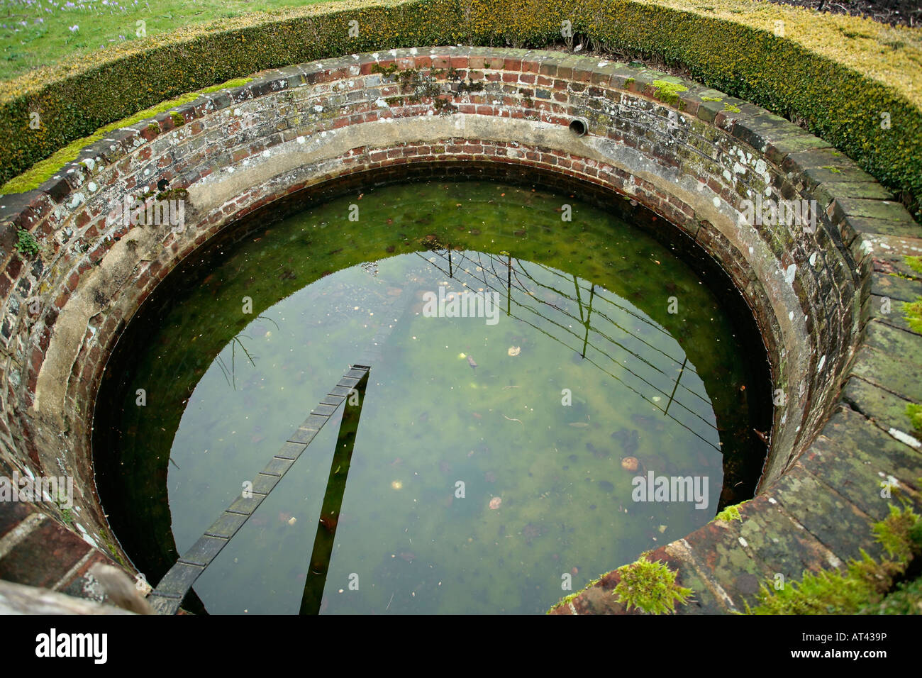 Bien ronde avec mur de brique dans jardin avec pièce de bois de façon à angle de la faune peut sortir Banque D'Images