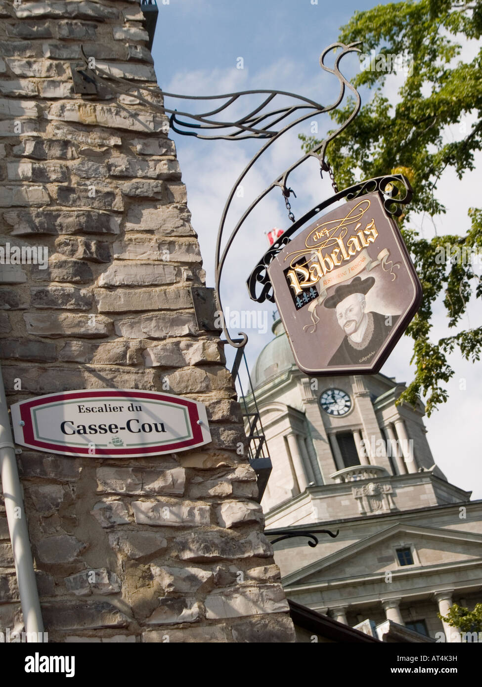 Un signe en haut de l'escalier Casse Cou (Brakneck escaliers) dans la basse-ville de Québec, Canada Banque D'Images