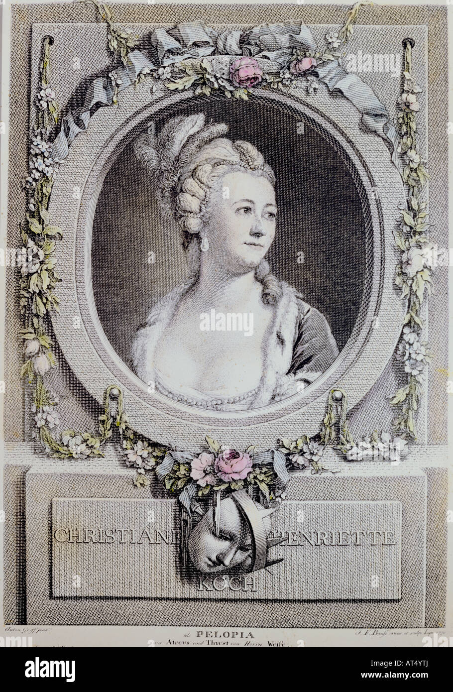 Beaux-arts, Graff, Anton (1736-1813), portrait de l'actrice Christiane Henriette Koch, gravure sur cuivre, colorés, par J. F. Brause, Leipzig, Allemagne, 1772, basé sur une peinture de Graff, collection privée, l'artiste n'a pas d'auteur pour être effacé Banque D'Images
