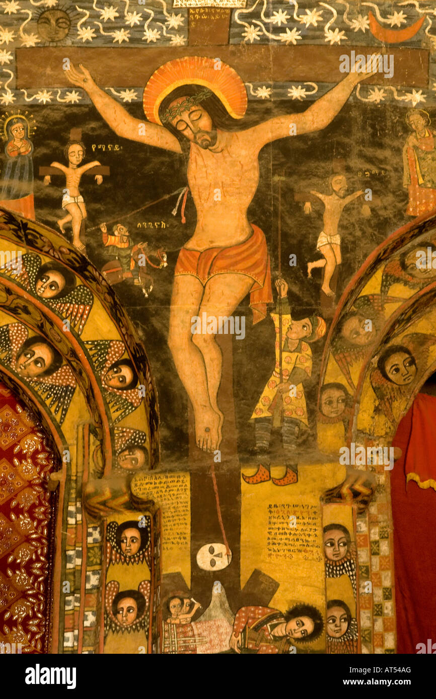 Fresque de la Crucifixion avec les anges, l'Église Debre Berhan Selassie, Gonder, Ethiopie Banque D'Images
