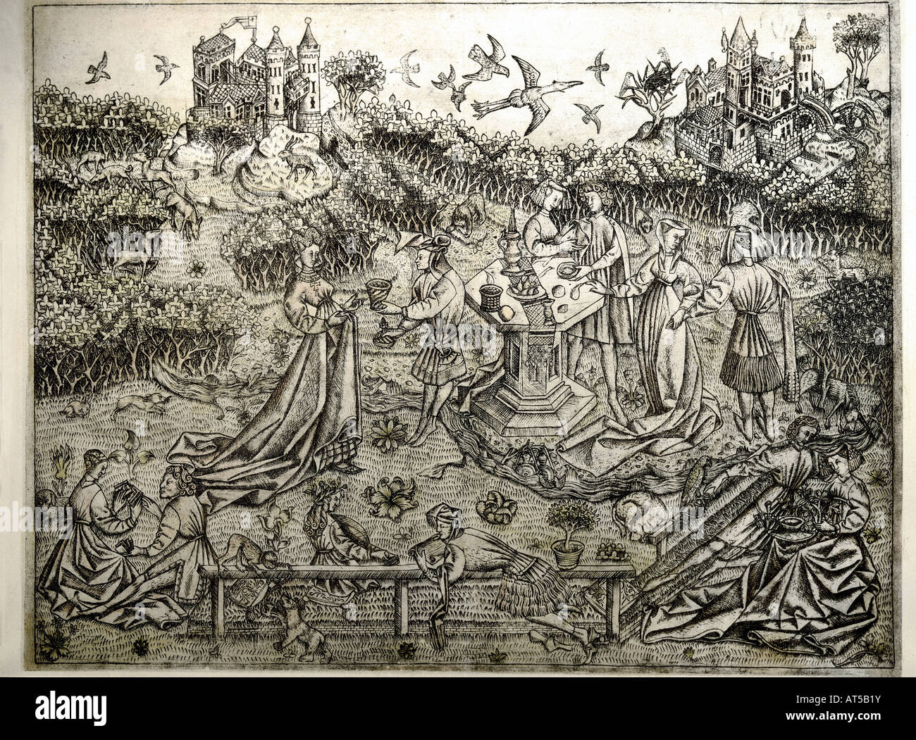 Beaux-arts, Moyen Âge, médiéval, gravure sur cuivre, "Der Große Liebesgarten' (Le grand jardin de l'amour), le sud de l'Hollande, circa 1455, 22 cm x 38,5 cm, collection privée, l'artiste n'a pas d'auteur pour être effacé Banque D'Images