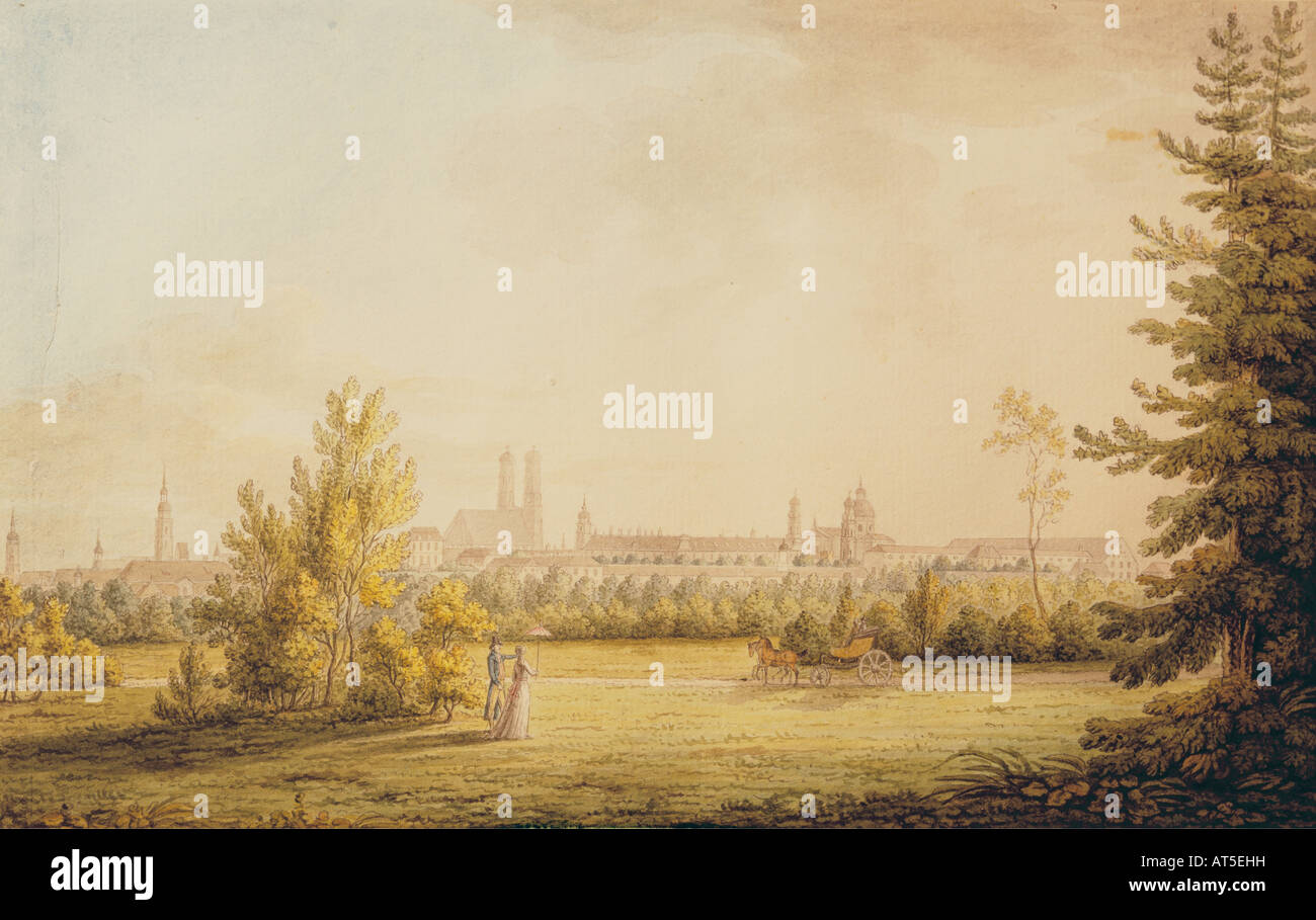 Beaux-arts, Warnberger, Simon (1769 - 1847), peinture, vue du jardin anglais de la ville de Munich, Stylo dessin et aquarelle, pré 1800, Stadtmuseum, Munich, auteur de l'artiste , n'a pas à être effacée Banque D'Images