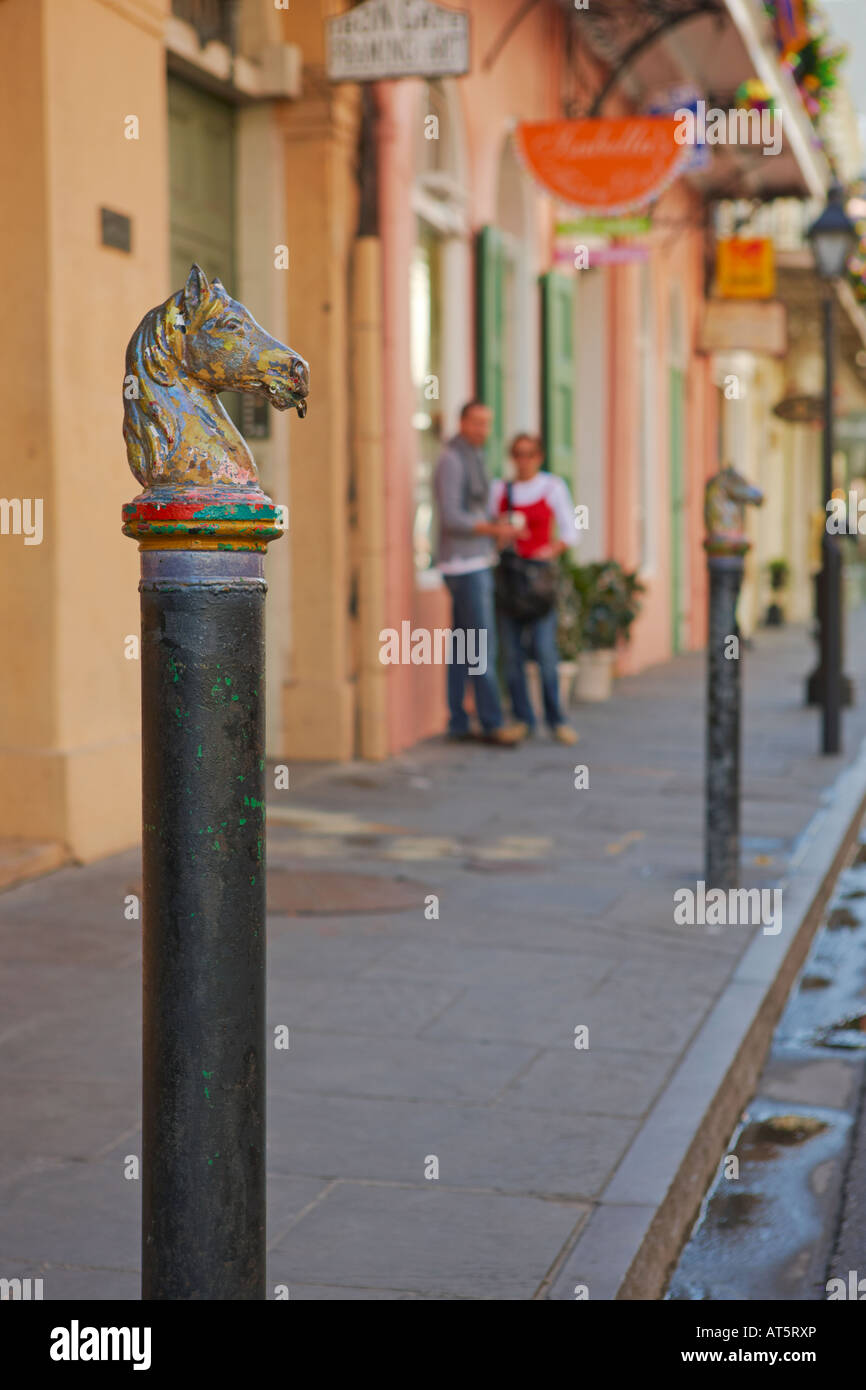 Hitching Post avec une tête de cheval. Quartier français, la Nouvelle Orléans, Louisiane, USA. Banque D'Images