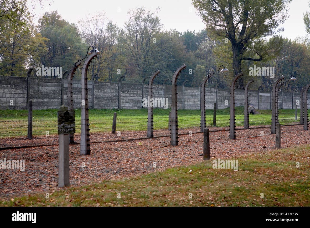 Europe Pologne Auschwitz Birkenau State Museum et de barbelés électrifiés clôture en béton ancien allemand nazi de Concentration Banque D'Images