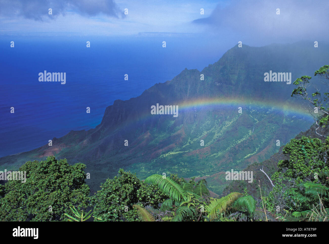 Kalalau valley luxuriantes avec arc-en-ciel sur la côte de Na Pali Kauai Banque D'Images