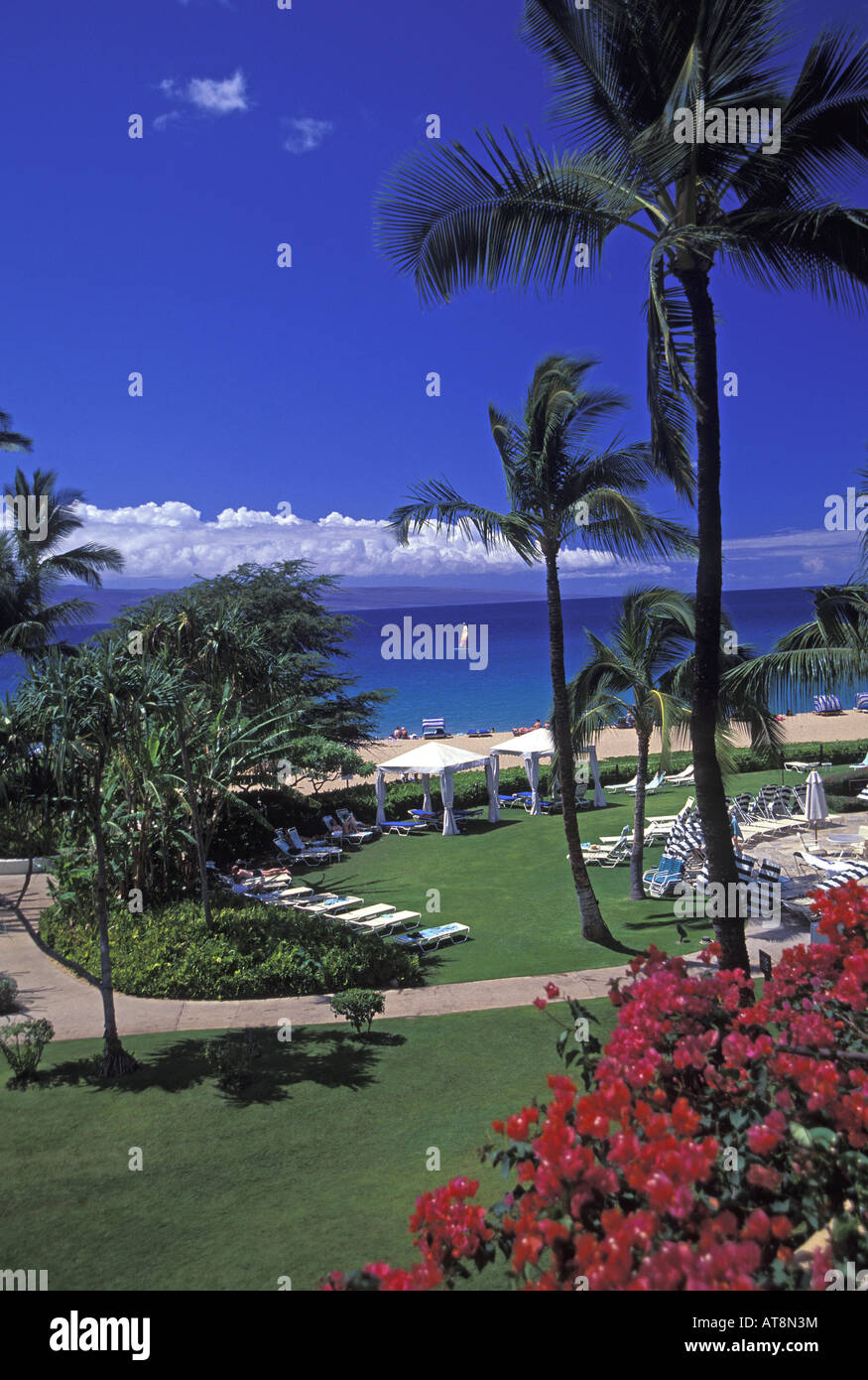 Shot tranquille à l'hôtel Sheraton à Ka'anapali, Maui de la luxuriante parc de l'hôtel menant à des gens de vous détendre sur une plage de sable blanc Banque D'Images