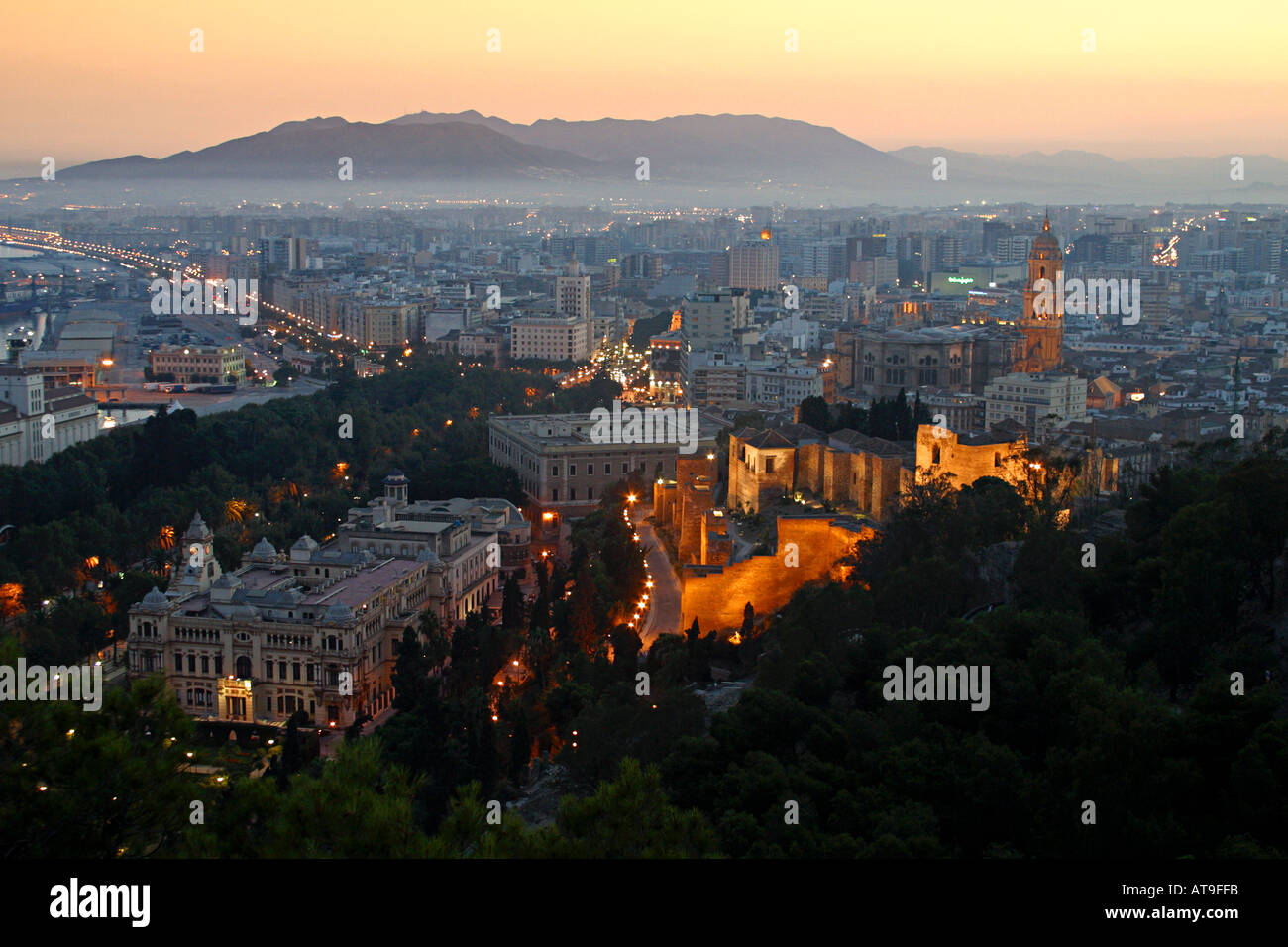 Espagne Andalousie Malaga Gibralfaro vue coucher du soleil Banque D'Images