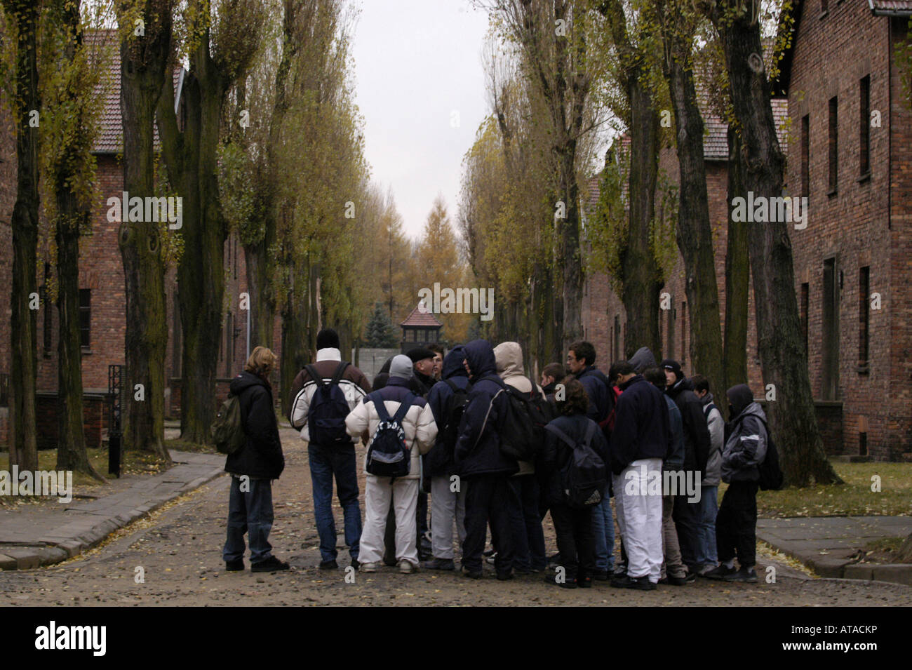 Les élèves se rendant sur l'ancienne d'Auschwitz-Birkenau Camp de concentration Nazi Banque D'Images