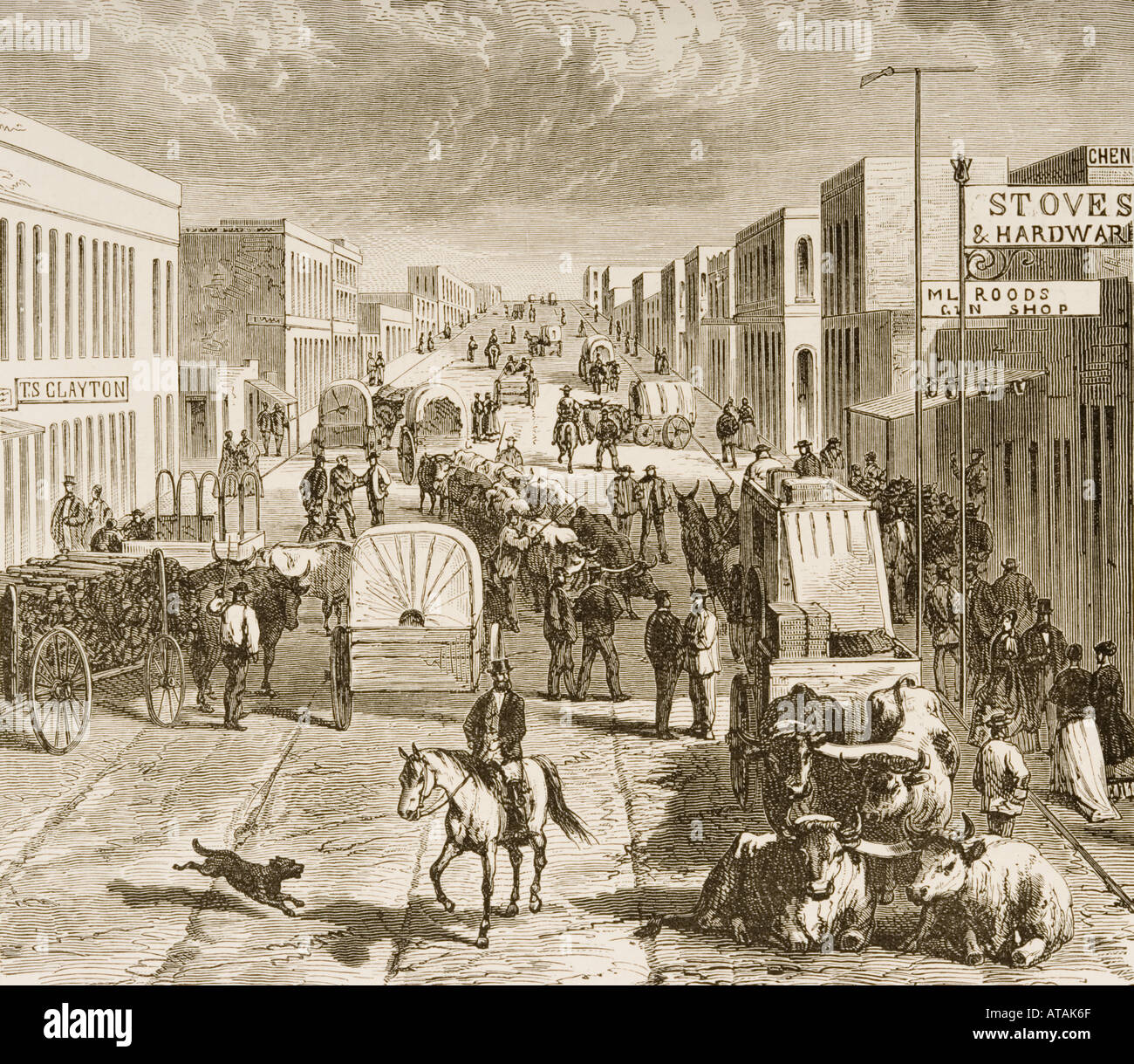 Street à Denver, Colorado dans les années 1870. Photos de American dessiné avec stylo et crayon par Rev Samuel Manning vers 1880 Banque D'Images