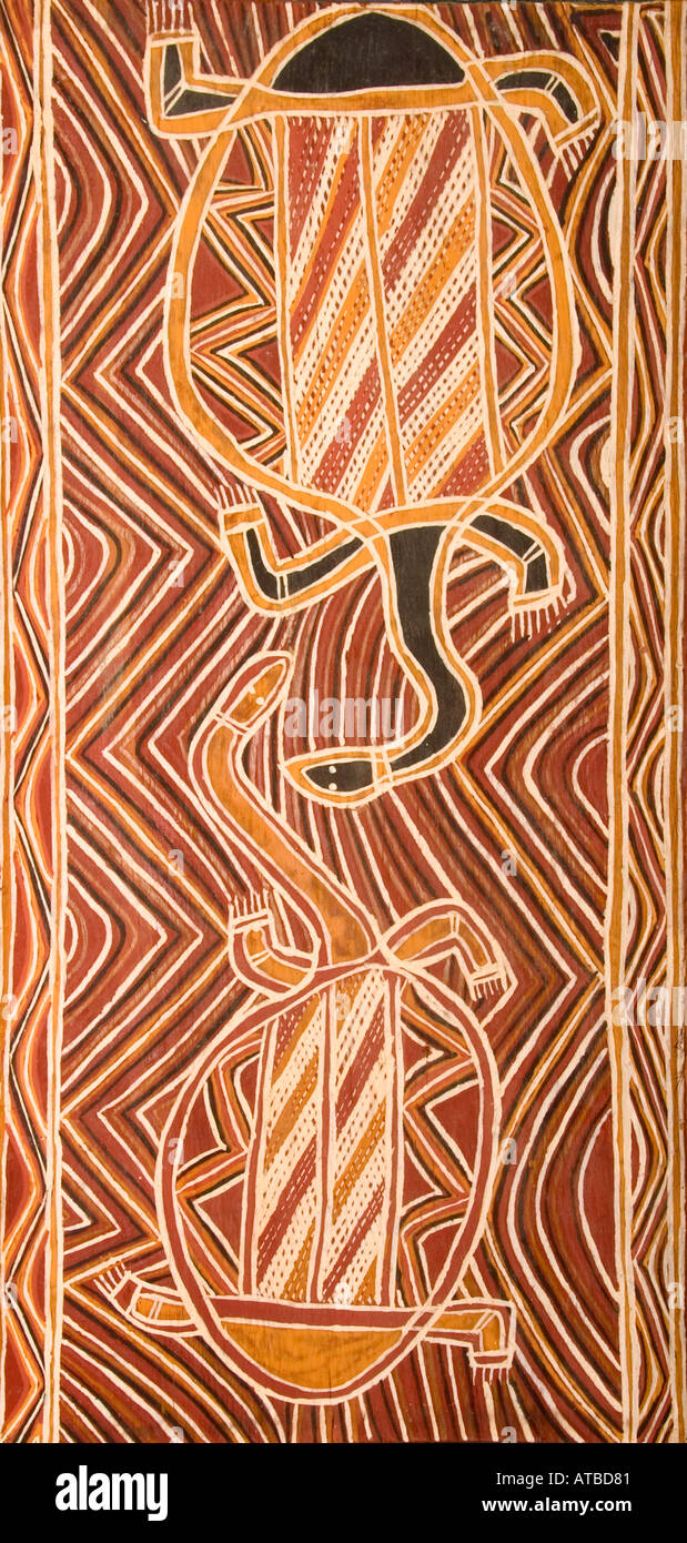 L'Australie Aboriginal art peinture sur écorce montrant les tortues marines Banque D'Images