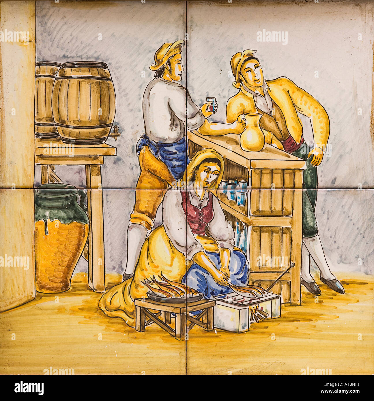 Copie de 18e 19e en céramique espagnole photo Scène dans bar servant du vin à partir de l'homme à femme client pichet poisson friture Banque D'Images