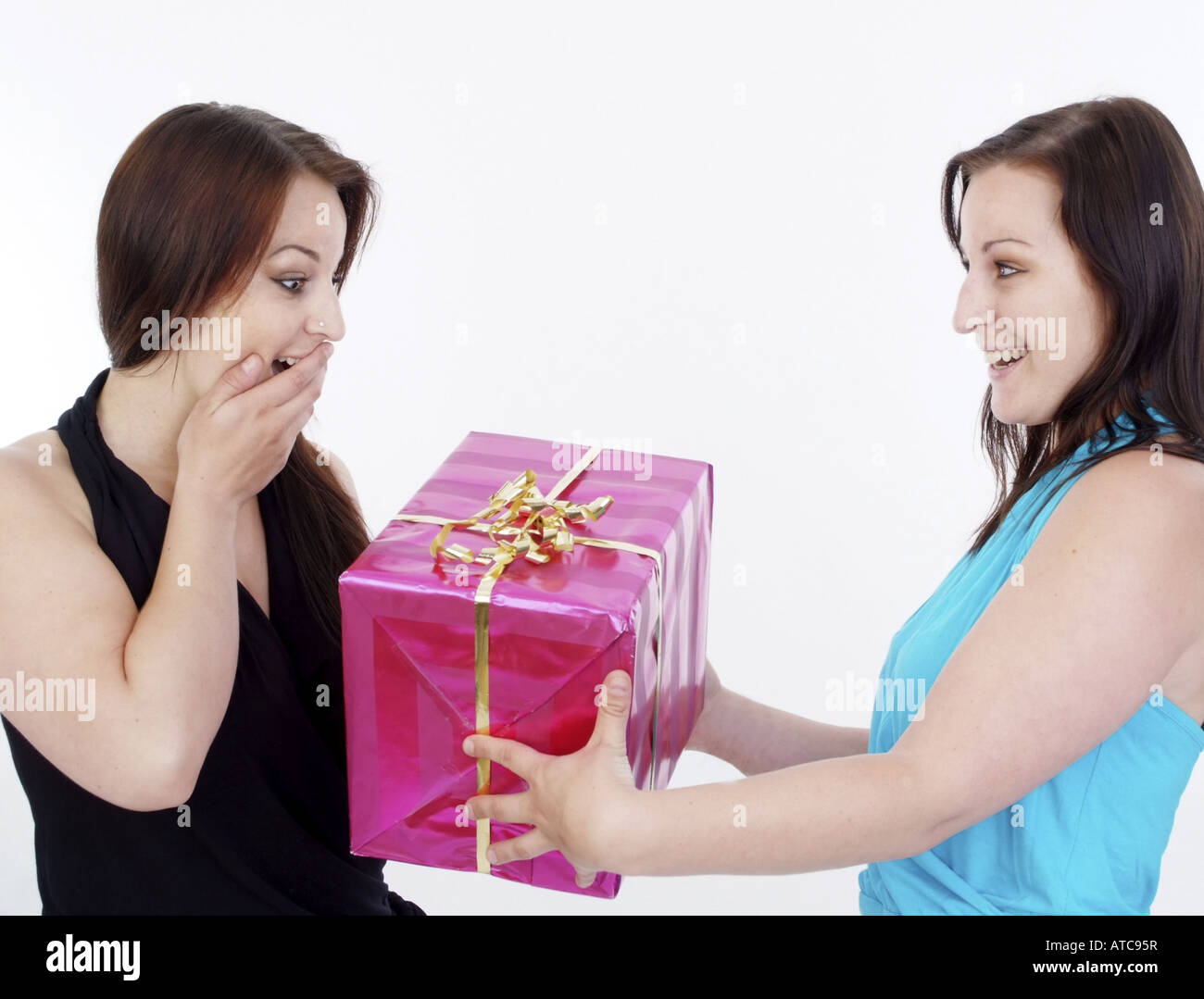 Deux sœurs jumelles, l'une est la remise d'un cadeau rose à sa sœur, l'air  très étonné Photo Stock - Alamy