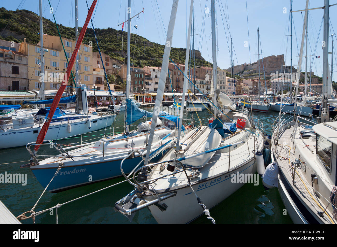 Bateaux dans le port de Bonifacio avec la haute-ville (vieille ville) et de la citadelle derrière, Corse, France Banque D'Images