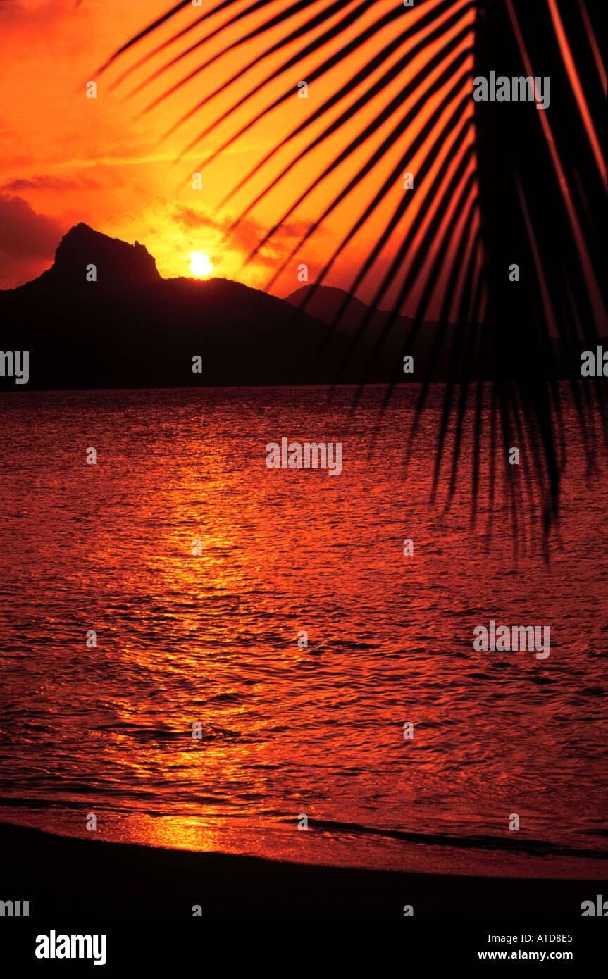 Fiery sky au coucher du soleil sur l'île Union de Palm Island Les Grenadines Banque D'Images