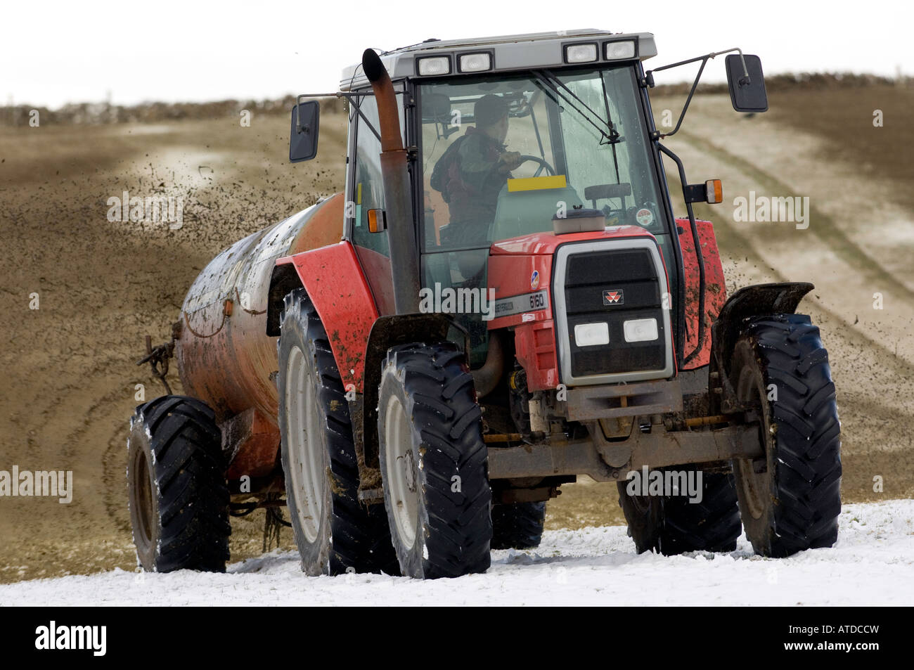 L'épandage du lisier sur un champ neigeux à l'aide de tracteur Massey Ferguson 6160 Cumbria Ravenstonedale Banque D'Images
