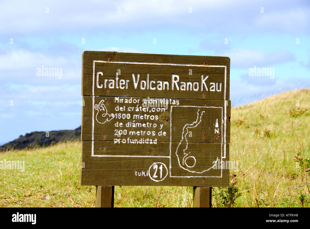 L'île de Pâques Chili signer au cratère du volcan Rano Kau Banque D'Images