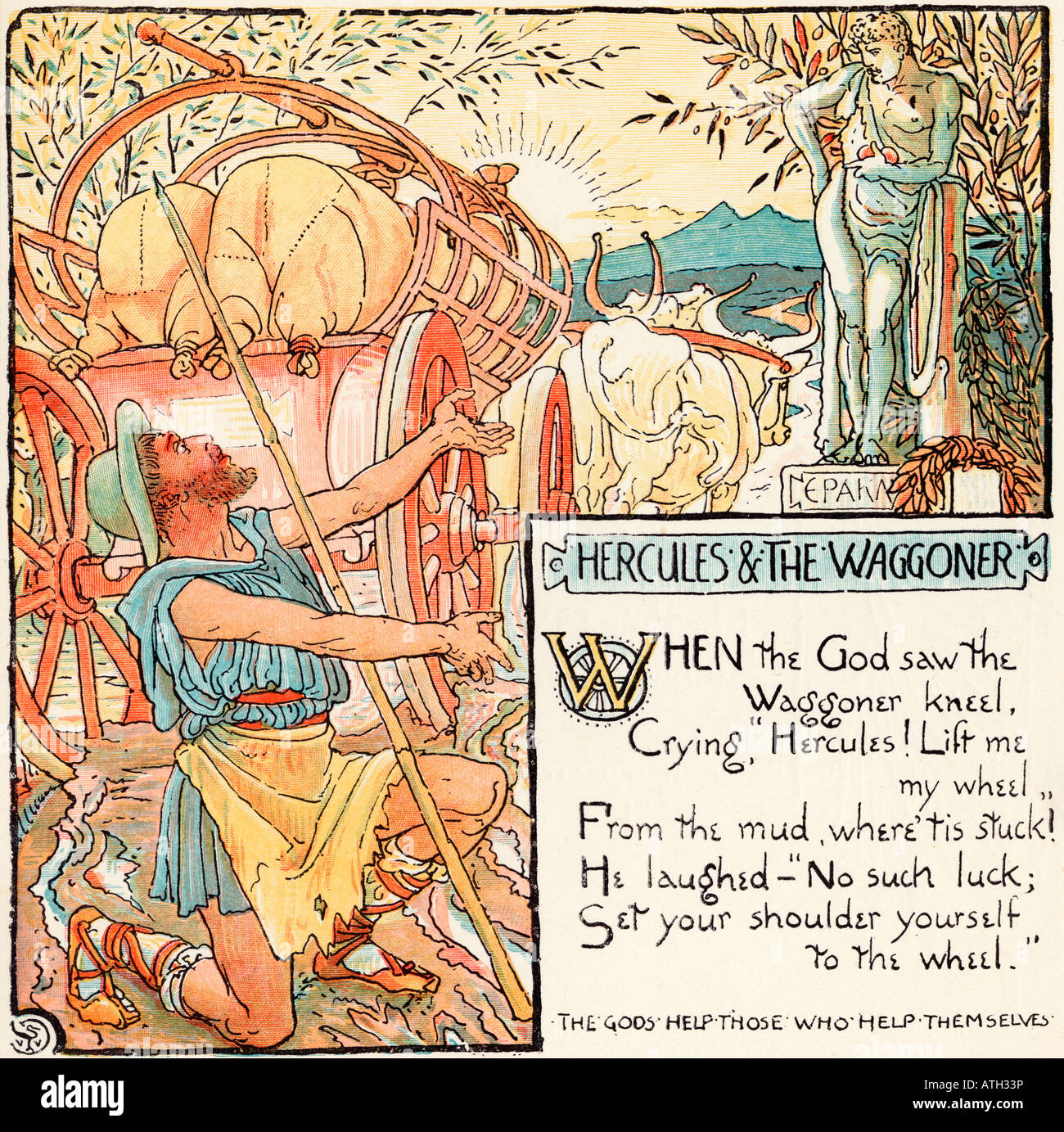 Hercules et le Wagoner. Extrait du livre The Baby's Own Aesop de Walter Crane, publié vers 1920. Banque D'Images