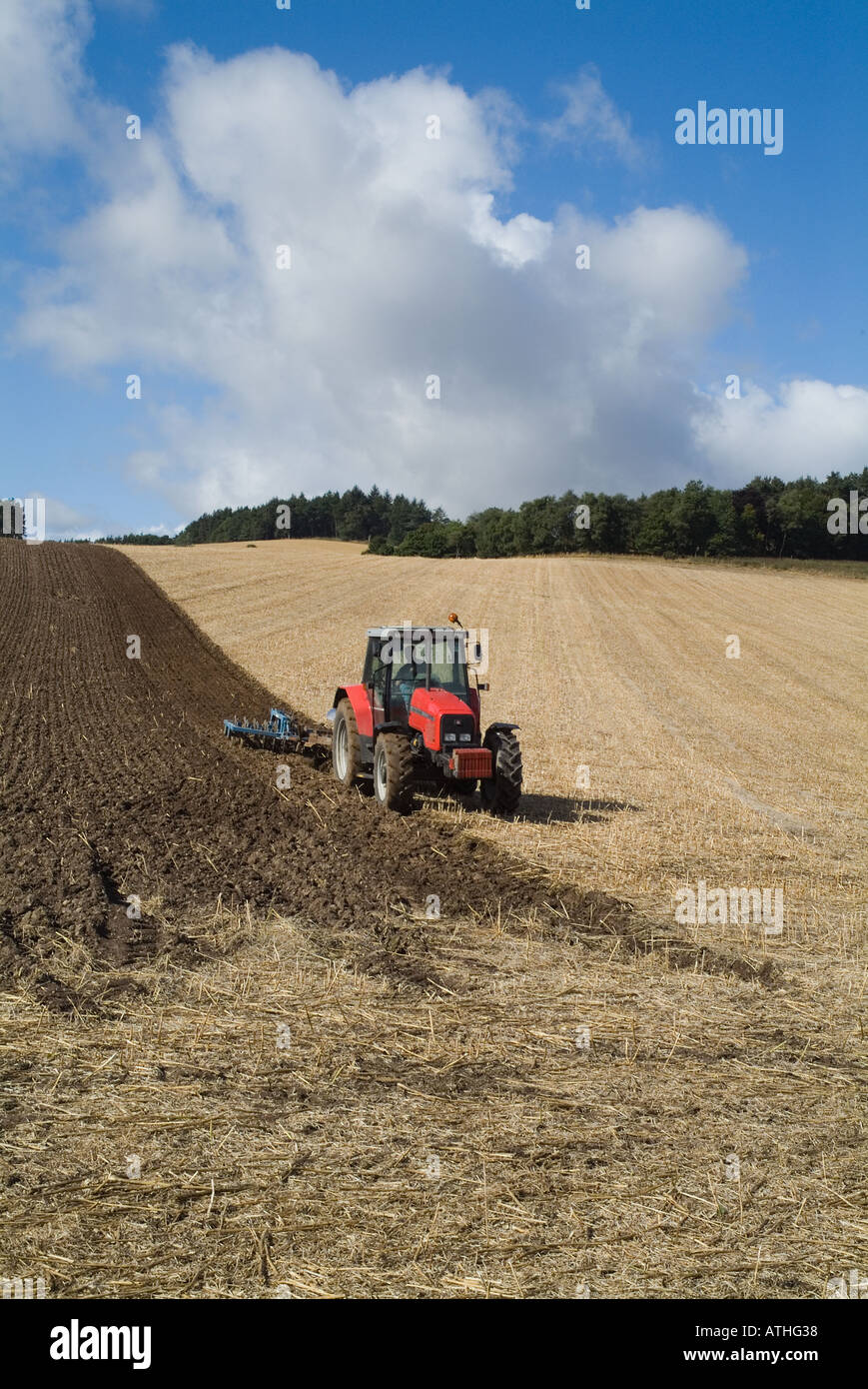 dh Massey Ferguson LABOURAGE des tracteurs PERTHSHIRE Red labourage des champs de chaume Écosse ferme l'agriculture britannique dans les terres agricoles écossaises Banque D'Images