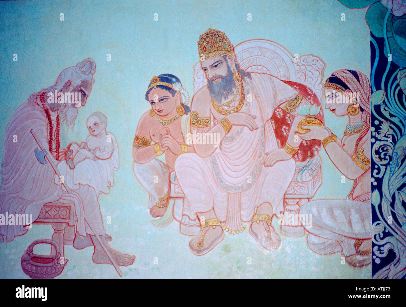 Sarnath Inde Mulagandhakuti Vihara Bouddha de naissance peinture de l'homme sage prophétisant bébé prince Siddhartha avenir Banque D'Images