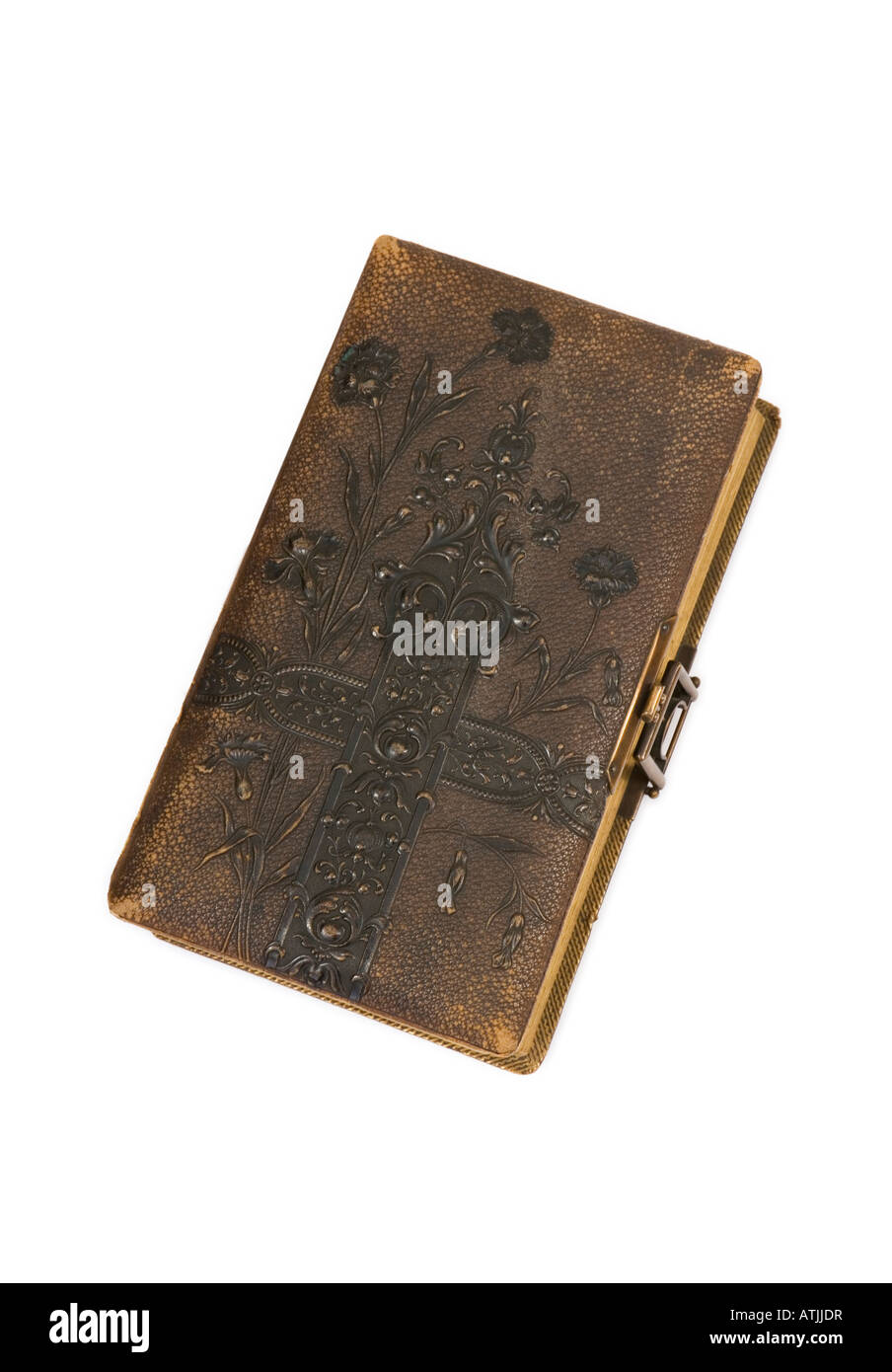 Old photo album relié en cuir gaufré avec un fermoir laiton Banque D'Images