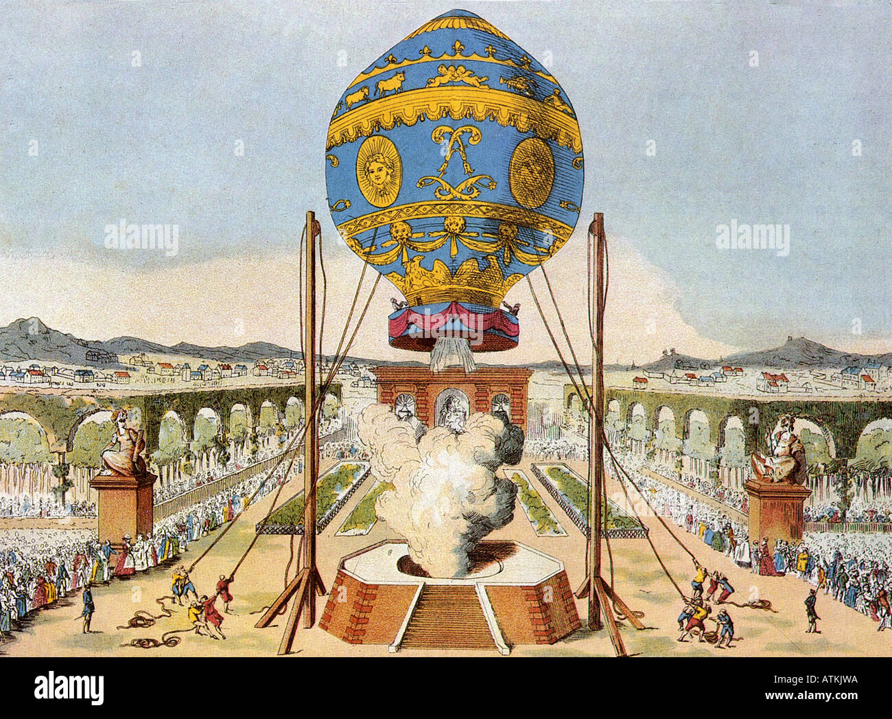 Étienne Montgolfier lance son ballon air chaud à Paris en 1783 - voir description ci-dessous pour plus de détails Banque D'Images