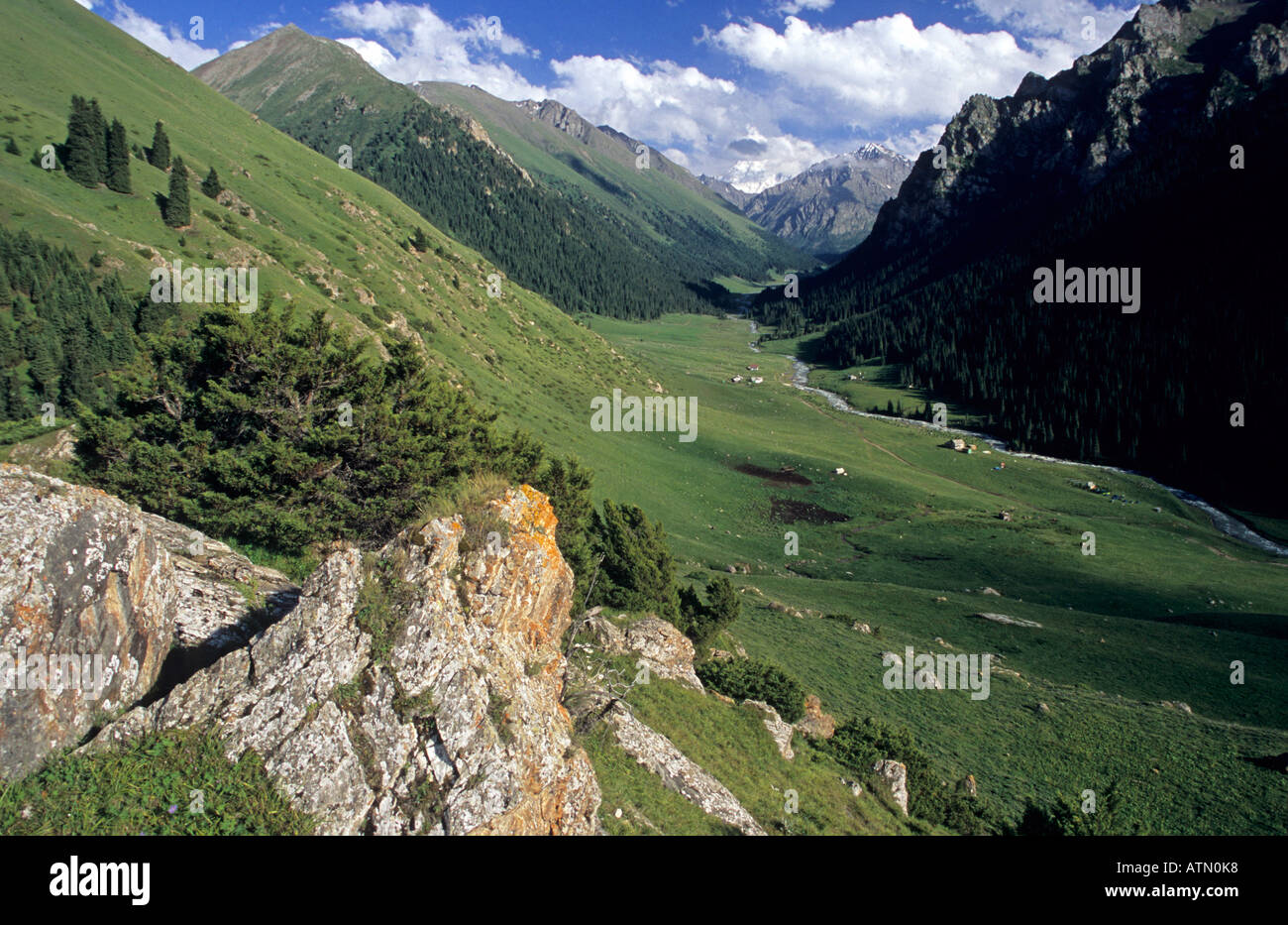 Altyn Arashan vallée avec rivière Arashan Terskey Alatau montagnes Tian Shan au Kirghizistan Banque D'Images