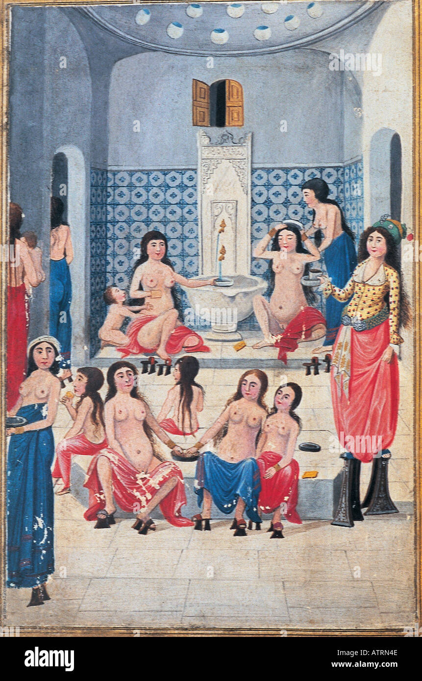 Concubines dans un bain par Fazil Enderuni 18 siècle , Harem du Palais de Topkapi Banque D'Images